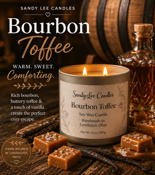 Sandy Lee Candles Bourbon Toffee candle with vanilla beans and caramel on a wooden background