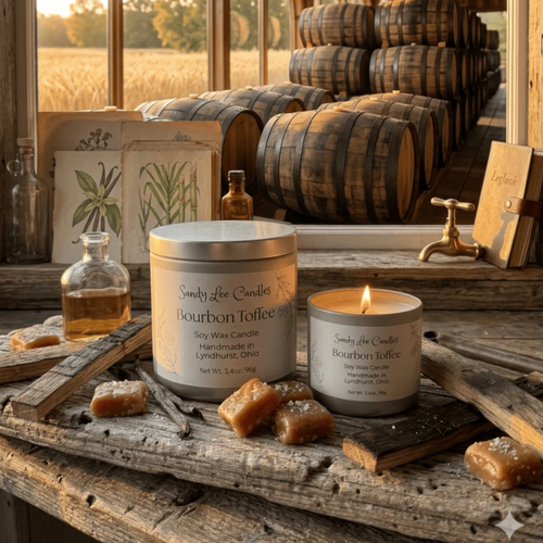 Sandy Lee Candles Bourbon Toffee candle on a wooden surface with barrels and bottles in the background.