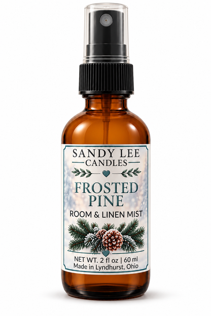 Frosted Pine Room & Linen Spray bottle by Sandy Lee Candles.