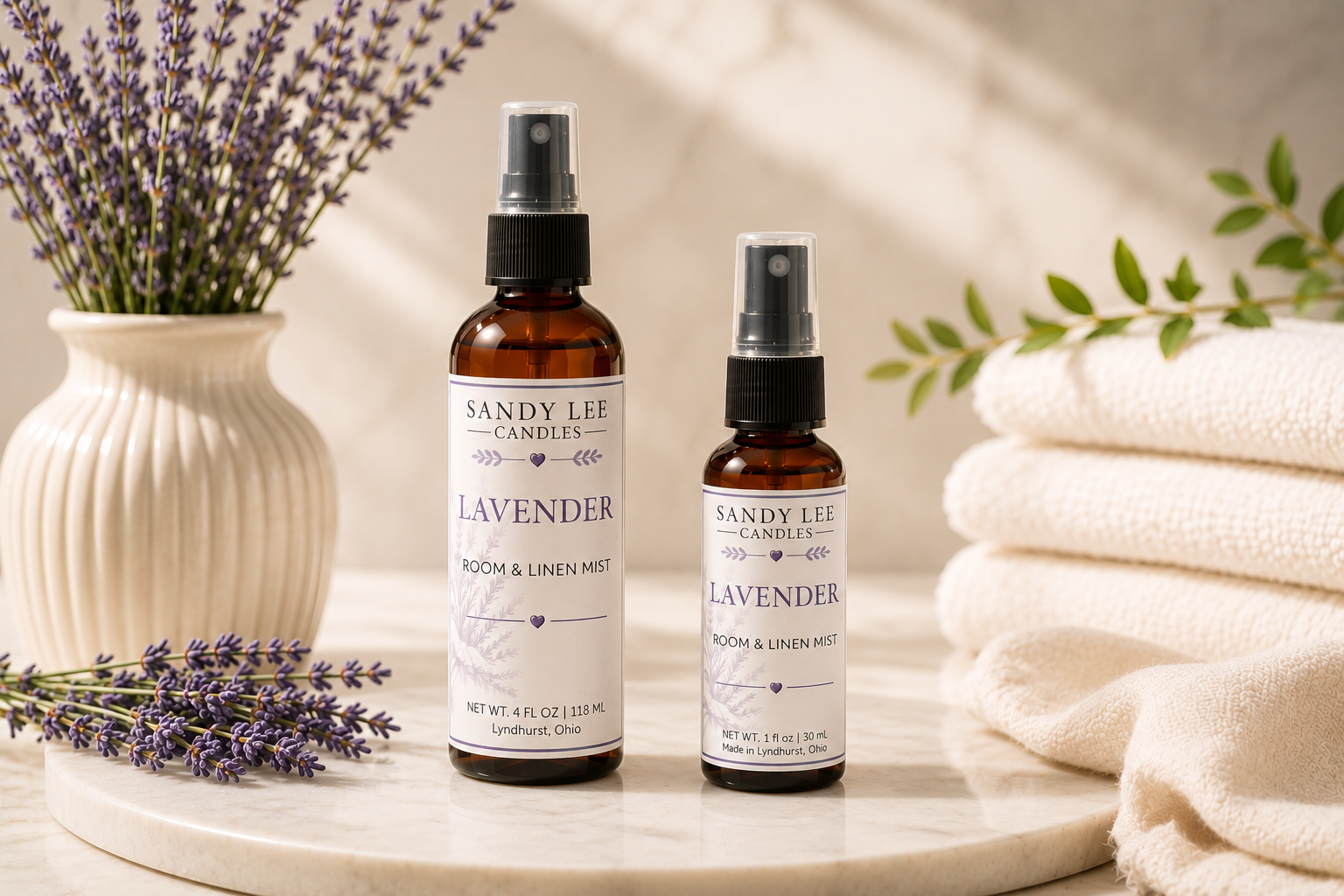 Sandy Lee Candles Lavender Luxury Room & Linen Mist in an amber glass bottle with fresh lavender, eucalyptus, and white hydrangeas in a spa-inspired setting.