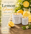 Lemon Grove soy candle by Sandy Lee Candles displayed in a limited edition white tin surrounded by fresh lemons, lemon blossoms, and lemonade. This bright summer fragrance features notes of citrus, lemon verbena, lemongrass, lemon peel, litsea cubeba, citronella, eucalyptus, elemi, and geranium essential oils. The sunny yellow design highlights the candle's crisp, refreshing aroma and clean-burning soy wax for a fresh and uplifting home fragrance experience.