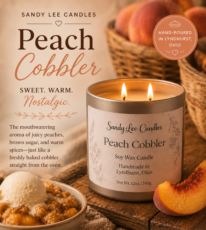 Sandy Lee Candles Peach Cobbler candle with peach slices, ice cream, and a basket of peaches on a wooden surface.