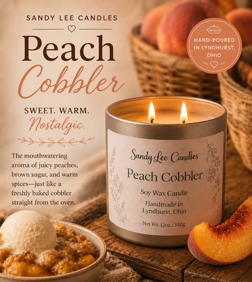 Sandy Lee Candles Peach Cobbler candle with peach slices, ice cream, and a basket of peaches on a wooden surface.
