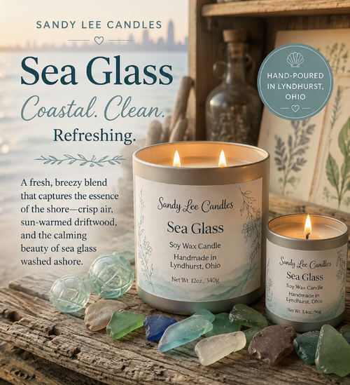 Sandy Lee Candles Sea Glass candle with sea glass and wooden background