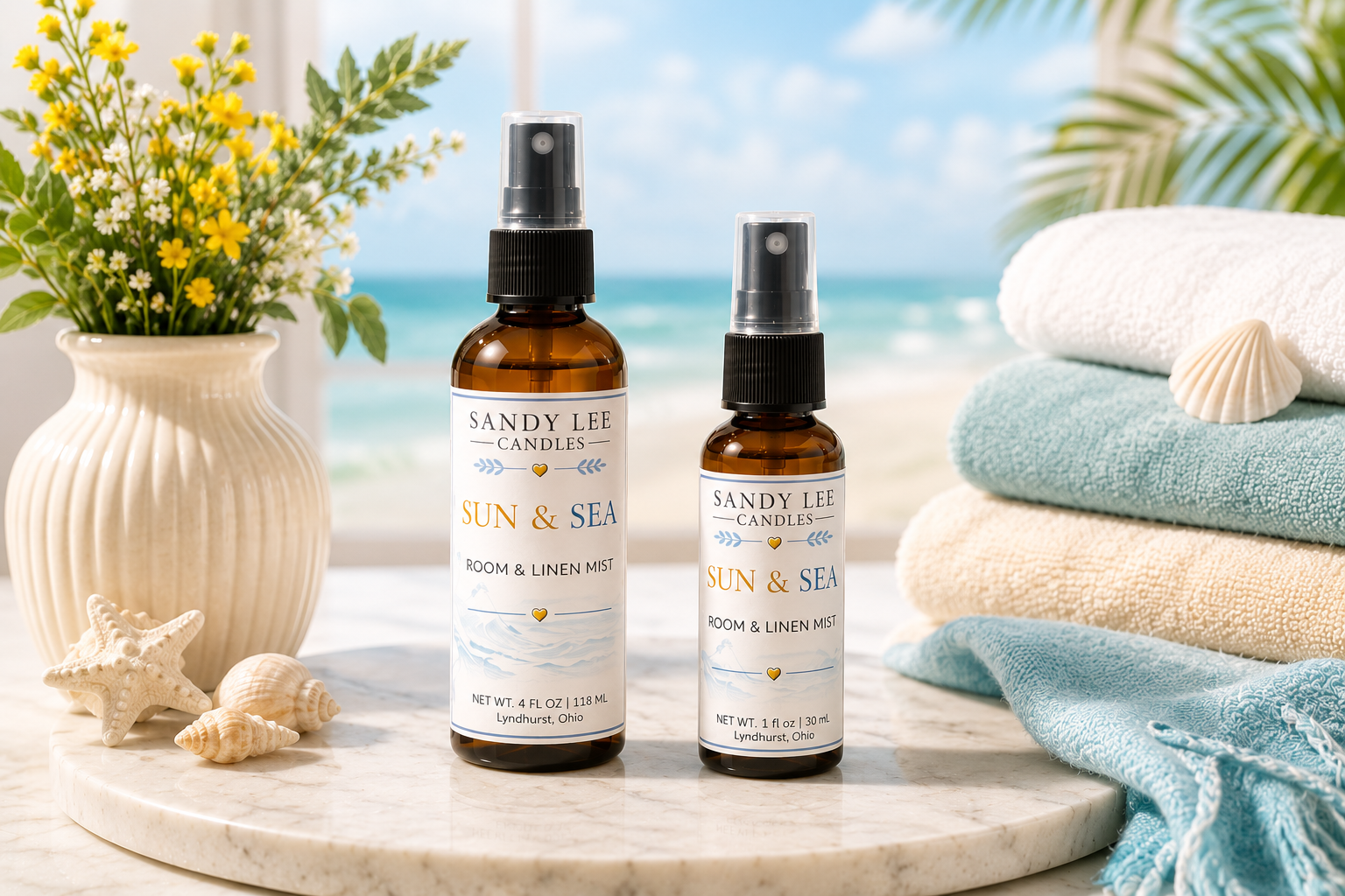Sun & Sea Luxury Room & Linen Mist by Sandy Lee Candles in a premium amber glass bottle surrounded by sea glass, driftwood, white coral, and coastal accents with bright natural sunlight.