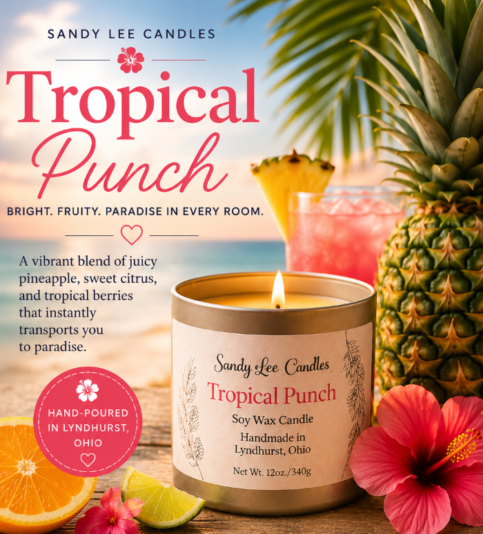 Sandy Lee Candles Tropical Punch candle with pineapple, orange, and flower on a wooden surface.