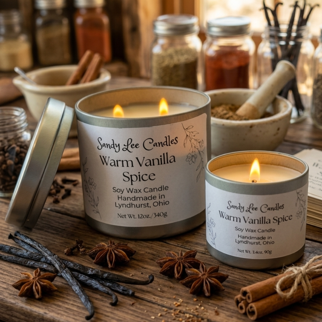 Two 'Sandy Lee Candles Warm Vanilla Spice' candles on a wooden surface with spices and jars in the background.