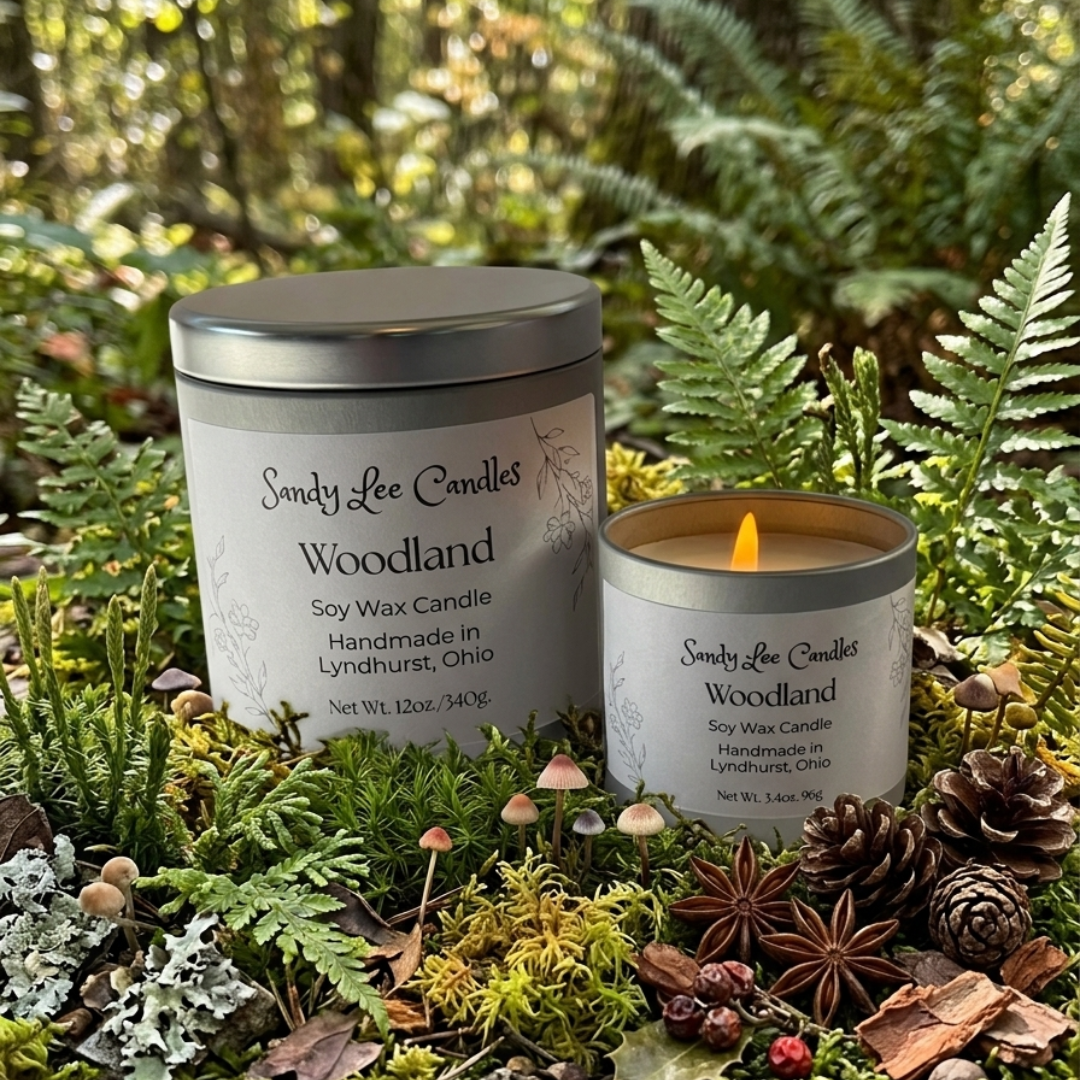 Sandy Lee Candles Woodland soy wax candles with packaging on a natural background