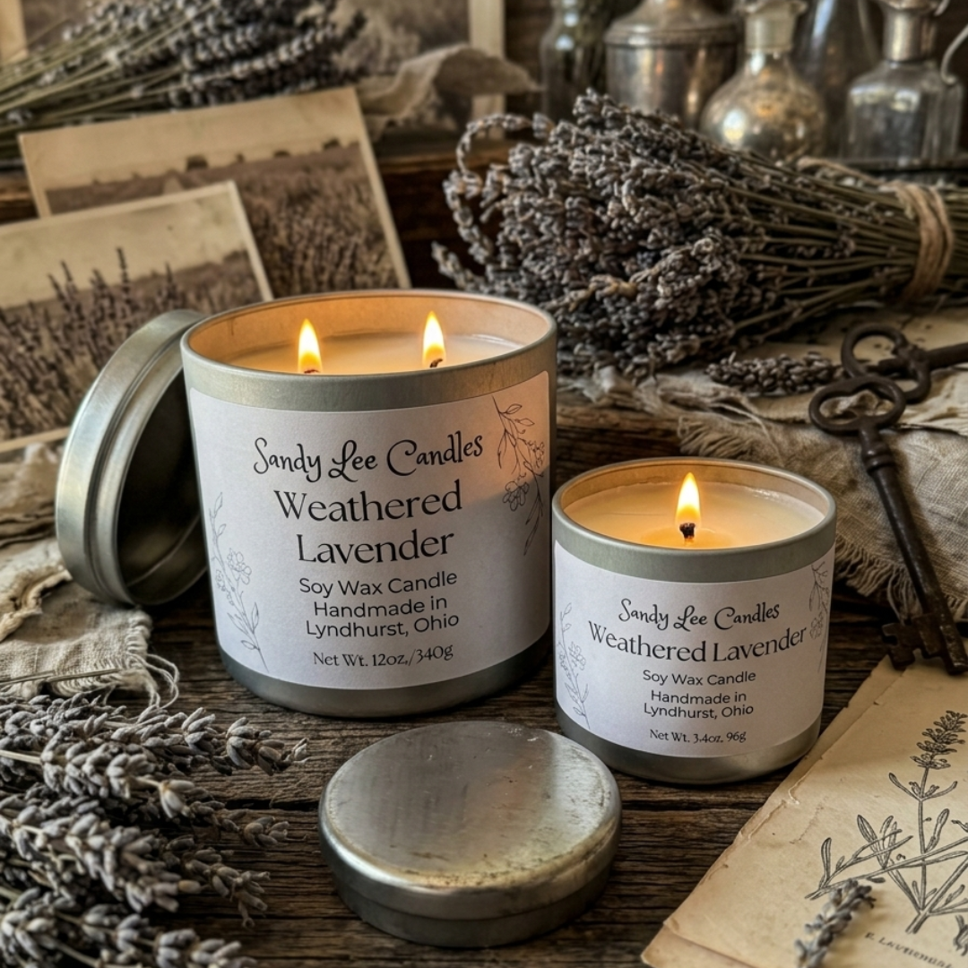 Two lit candles in 'Weathered Lavender' by Sandy Lee Candles on a rustic wooden surface with lavender and vintage items.