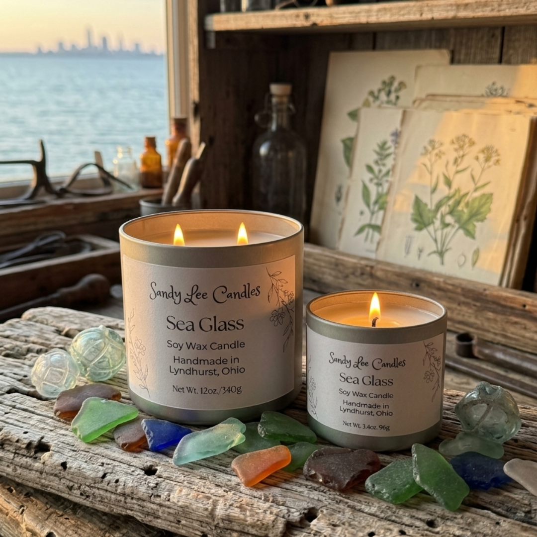 Two lit candles from Sandy Lee Candles on a wooden surface with sea glass and a coastal background.