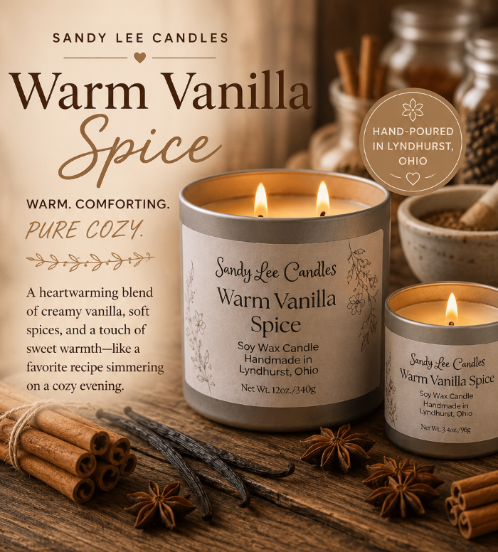 Sandy Lee Candles Warm Vanilla Spice candle with cinnamon sticks and vanilla beans on a wooden surface.
