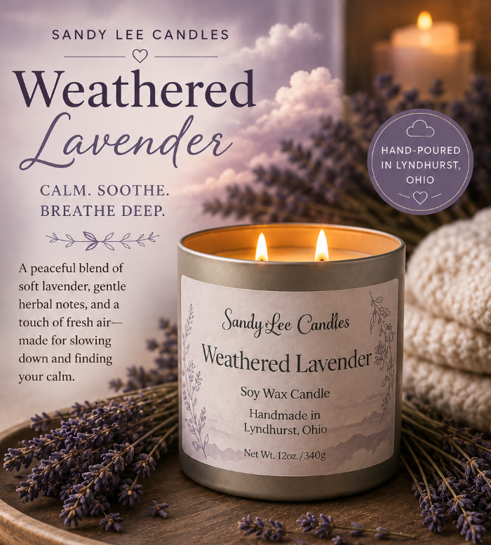 Sandy Lee Candles Weathered Lavender candle with lavender flowers and text on a wooden surface.