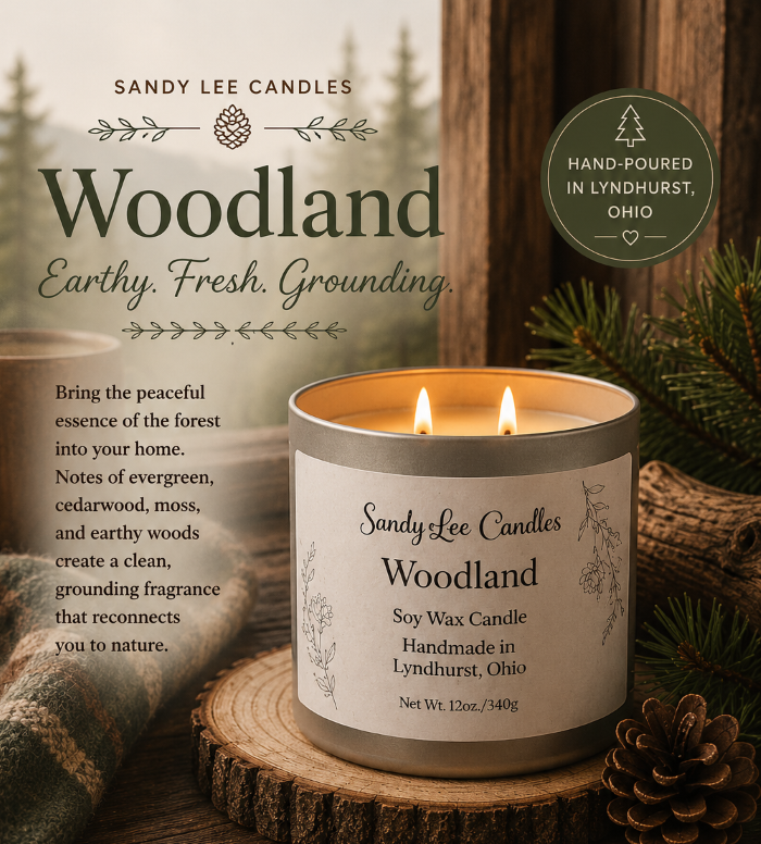 Sandy Lee Candles Woodland candle on a wooden surface with nature-themed text and branding.